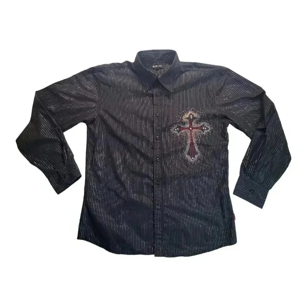 For Him London Men's Black Pinstripe Rhinestone Cross Button Up Shirt L